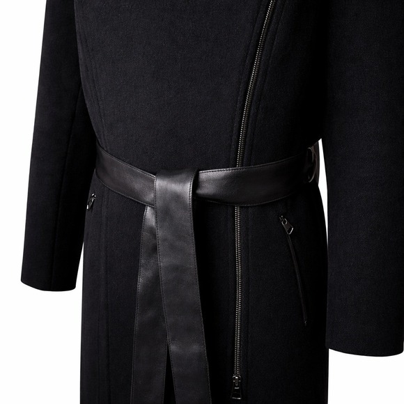 Mackage Nori 2-in-1 Black Wool Cashmere Double Collar Wrap Coat Leather Belt Zip - Picture 13 of 16